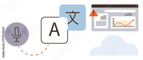 Voice input microphone, alphabet icon, language character block, warning icon, dashboard with chart, cloud. Ideal for translation, AI, machine learning global communication analytics cloud