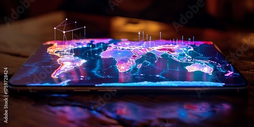 Futuristic digital world map glowing with data and connections on a modern device screen.