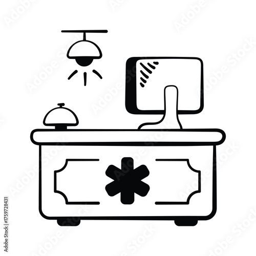 Hospital reception desk icon, healthcare service, patient registration, and hospital administration.