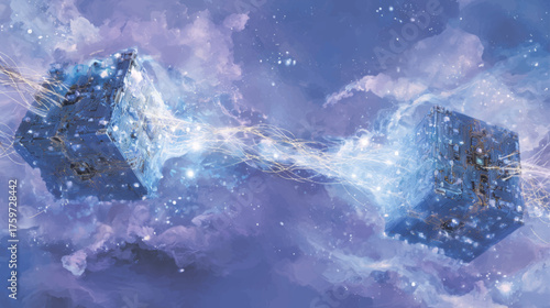 Quantum computing cubes connected by glowing energy flow, futuristic AI data exchange vector background illustrating digital intelligence and advanced neural technology.
