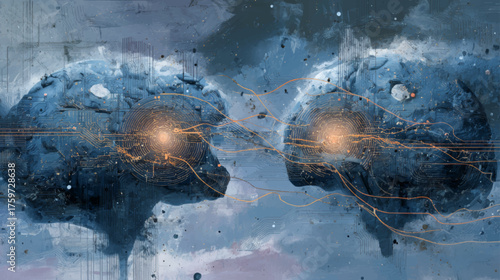 Futuristic digital brains connected by glowing neural energy lines, conceptual artificial intelligence communication vector illustrating data exchange and shared cognition.