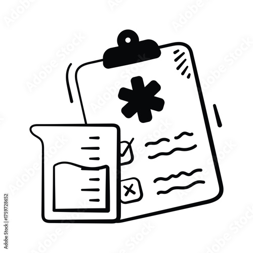 Hand drawn icon of blood report with test tube symbolizing diagnostics.