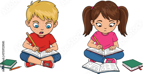 "Two children sitting on floor writing in notebooks with pencils, studying together, education, learning, teamwork, school, childhood, friendship, creativity"