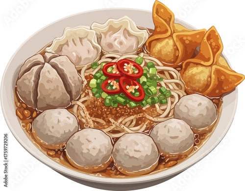 Indonesian bakso and noodles bowl with meatballs dumplings fried wonton and spices traditional Asian street food illustration