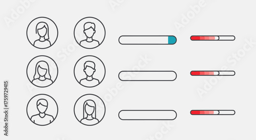 Illustration of six user avatars paired with progress bars, some partially filled in blue and red.