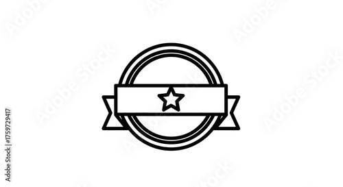Simple line art illustration of a badge with a star in the center, wrapped by a ribbon and a circular frame.