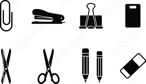 Office stationery silhouette vector, paperclip, stapler, binder clip, scissors, pencil, eraser, notepad, school supplies icon set, black isolated illustration
