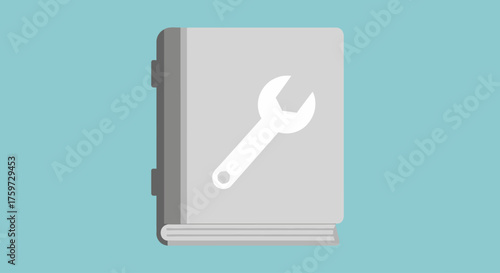 A gray manual or guide book with a white wrench symbol on the cover, against a blue background.