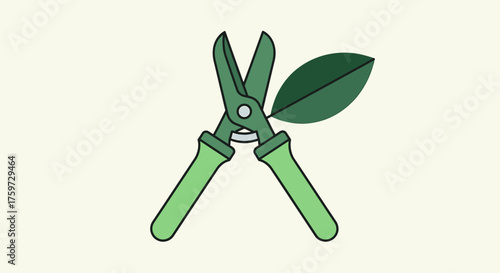 Illustration of green pruning shears cutting a leaf, set against a light background.