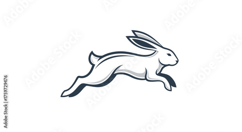 A white rabbit leaps forward, depicted in a minimalist, stylized design against a clean white background.