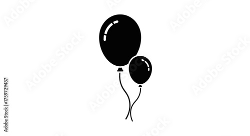 Two black balloons with strings floating against a white background.