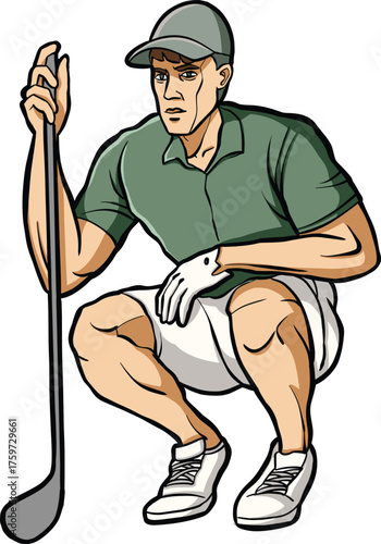 Cartoon Golfer Crouching with Club in focused Illustration