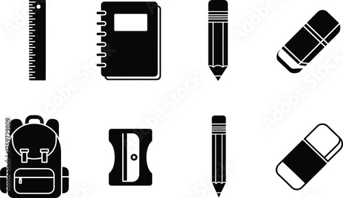 School supplies icon set, black and white vector illustration, educational stationery silhouette, pencil notebook eraser backpack, cad drawing flat vector illustration