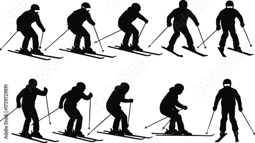 Skiing silhouette vector, winter sports illustration, skier motion poses, ski technique graphic, black ski icons, alpine activity design, snow adventure art