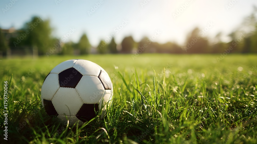 Fototapeta premium Soccer ball resting on green grass during a sunny day.