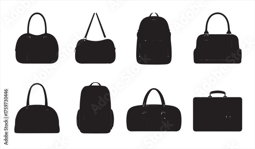 Vector Set of Handbag, Backpack, and Briefcase Silhouettes