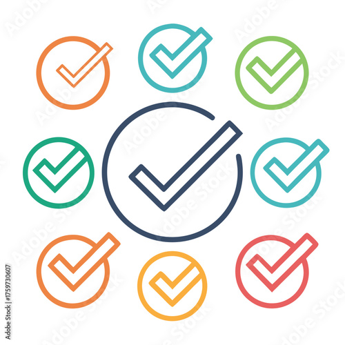 Minimalist line art illustration of check marks, circles, and document icons representing completion and approval