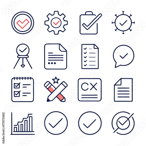 Minimalist line art illustration of check marks, circles, and document icons representing completion and approval