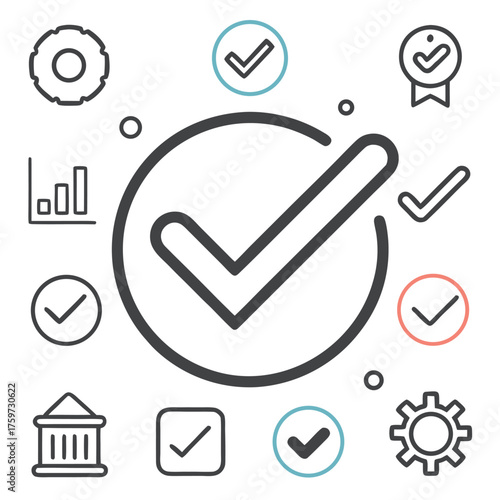Minimalist line art illustration of check marks, circles, and document icons representing completion and approval