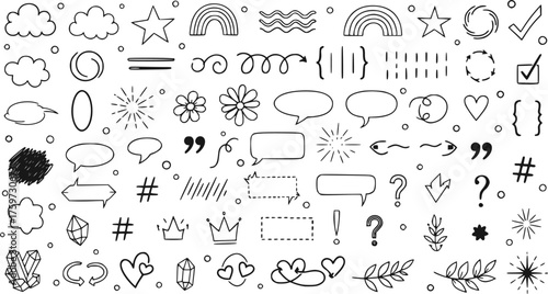 Сollection of various black doodle elements, manga-style illustration pictogram icon set. EPS 10 version.