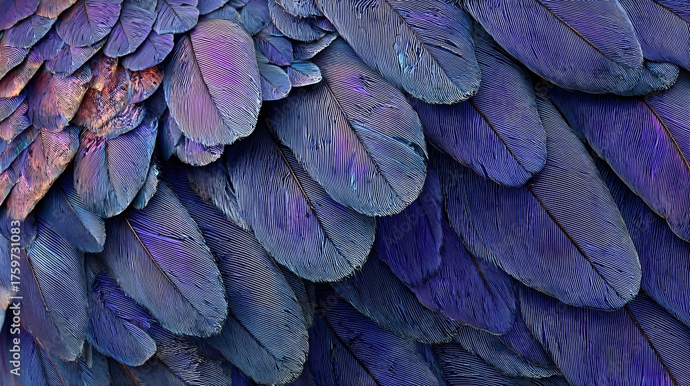 Obraz premium Detailed texture of iridescent blue and purple feathers overlapping.