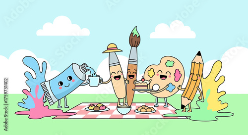 A cheerful cartoon illustration of a little girl and her dog playing on a sandy beach during a sunny summer vacation