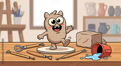 A cute cartoon clay monster comes to life in a pottery studio surrounded by sculpting tools and ceramics.