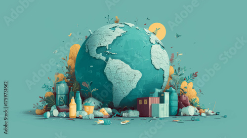 Illustration of planet Earth surrounded by waste and pollution symbolizing environmental crisis, climate change, and sustainability awareness vector design.