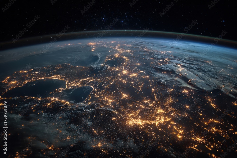 Obraz premium Stunning view of Earth from space showing planet's curvature, vibrant city lights, roads, and scattered stars in dark cosmos, with clouds enhancing the contrast of nature and human activity