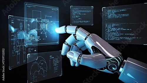 A robotic hand interacts with holographic interfaces.