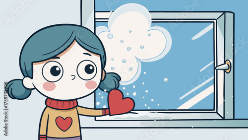 Young girl looking out of window while holding a red heart  