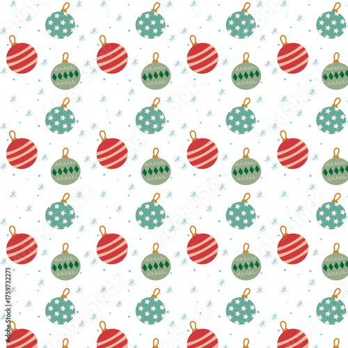 Seamless Christmas pattern with colorful baubles and snowflakes. Festive holiday design for wrapping paper, textiles, and decorations.