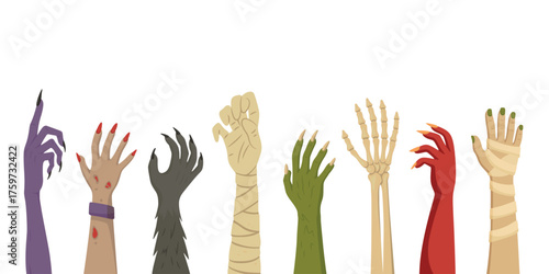 Halloween Zombie Hands, Vector Illustration. Isolated Cartoon Horror Skeleton, Mummy, Monster Rising Arms. Halloween Clipart