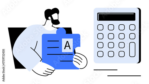 Person holding puzzle piece with Letter A facing a large calculator, illustrating problem-solving, calculation, learning, organization, planning, business strategy, and creative thinking. Clean