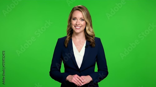 Smiling professional woman in business suit against green screen, ready for chroma key compositing and presentations