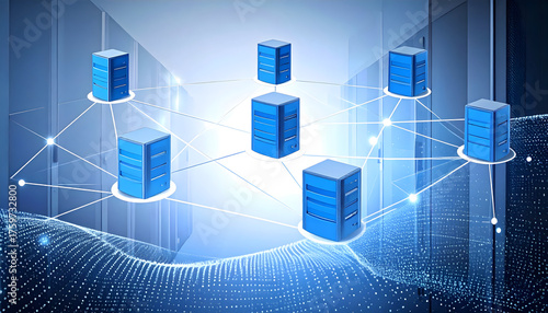 Interconnected Digital Network Architecture with Blue Servers and Data Transfer Illustration