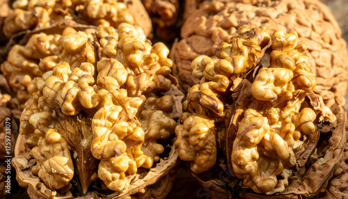 Close Up View of Cracked Walnuts Revealing Textured Golden Brown Kernels in Natural Light