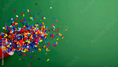 Colorful Confetti Scattered on Vibrant Green Background Creating a Festive Celebration Atmosphere