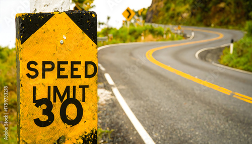 Curved Winding Road Sign Indicating Speed Limit of Thirty Surrounded by Lush Greenery in Mountains
