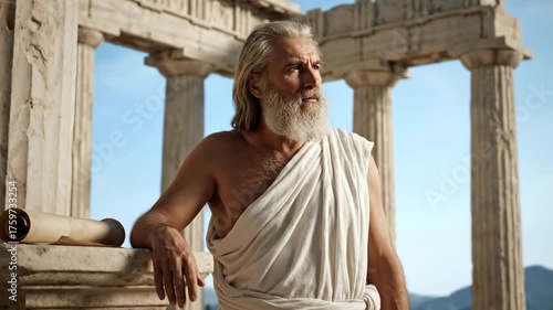 Ancient Philosopher in Thought at Historic Greek Temple Ruins