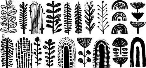 Botanical silhouette collection of vertical and diagonal linocut designs for artistic decor