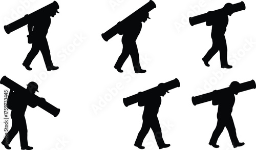"Silhouette sequence of man carrying heavy cylindrical object on shoulder, walking motion study, vector illustration for animation, ergonomics, teamwork"