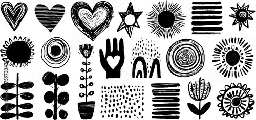 Kindness day celebration elements: hand, heart, moon, star, and floral motifs for creative design