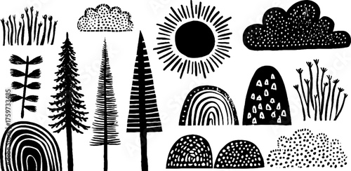 Black and white landscape elements for design: hills, sun, trees, and clouds with textured patterns