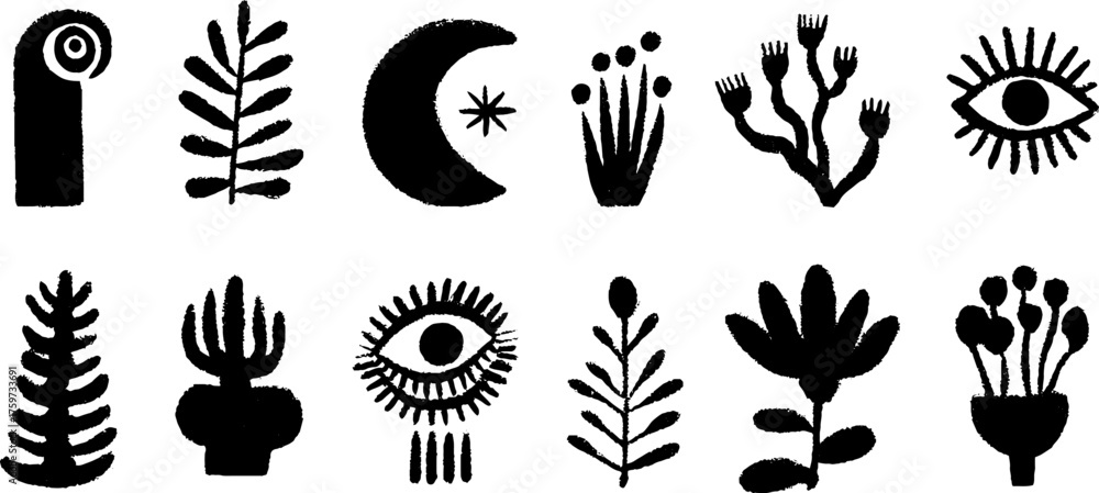 Obraz premium Celestial and nature inspired silhouettes: moon, leaves, stars, and eyes for creative design