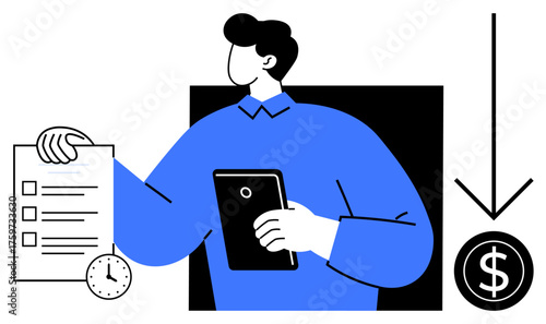 Person holding checklist and tablet with a clock icon, next to a dollar sign and downward arrow. Ideal for financial management, time efficiency, budget planning, productivity, cost reduction