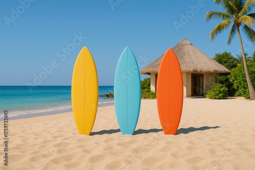 Three colorful surfboards standing on tropical beach near bungalow and palm trees. Illustration by Generative AI