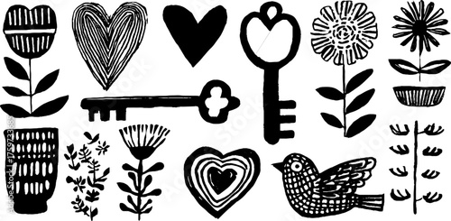 Black and white love icons: heart, key, lock, flowers, ribbon, and dove for design projects