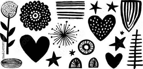 Romantic boho elements for creative design: hearts, stars, and floral motifs