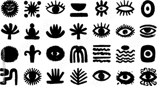 Meditation and yoga symbols: lotus, eye, leaf, and wave silhouettes for boho design